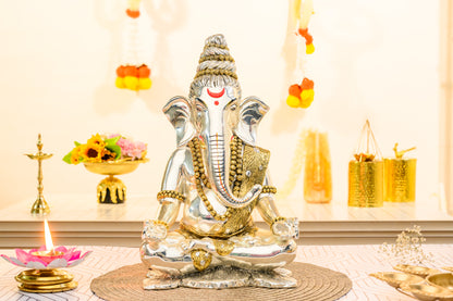 999 Silver Shiv Ganesh Idol in Meditative Pose with Rudraksha and Gold Accents