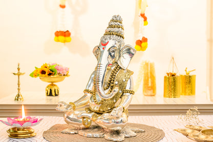 Rudraksh Ganesha Idol | Shiv Ganesh in Meditative Pose | 999 Silver with Gold Accents | Yogic Vastu Decor