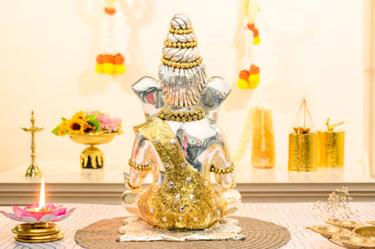 Rudraksh Ganesha Idol | Shiv Ganesh in Meditative Pose | 999 Silver with Gold Accents | Yogic Vastu Decor