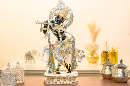 Krishna with Cow Idol in Black and Antique Silver Finish Playing Flute
