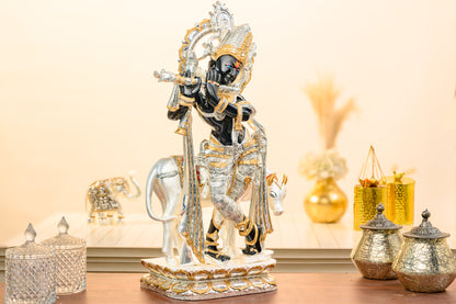 Krishna with Cow Idol in Black & Silver | 999 Silver Plated Antique Finish | Flute Playing Pooja Decor