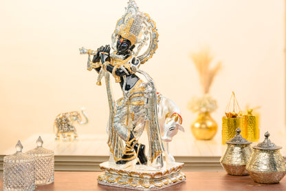Krishna with Cow Idol in Black & Silver | 999 Silver Plated Antique Finish | Flute Playing Pooja Decor