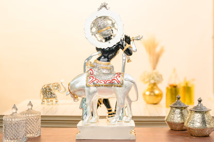 Krishna with Cow Idol in Black & Silver | 999 Silver Plated Antique Finish | Flute Playing Pooja Decor