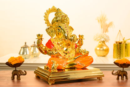 24K Gold Ganesha Idol with Orange Robe | Lotus Blessing Pose | Festive Pooja & Gift Decor