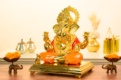 24K Gold Ganesha Idol with Orange Robe | Lotus Blessing Pose | Festive Pooja & Gift Decor