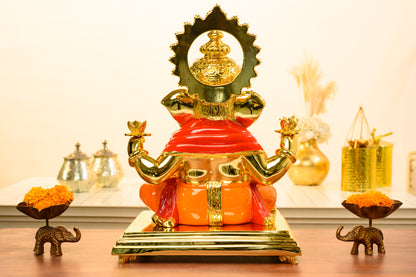 24K Gold Ganesha Idol with Orange Robe | Lotus Blessing Pose | Festive Pooja & Gift Decor