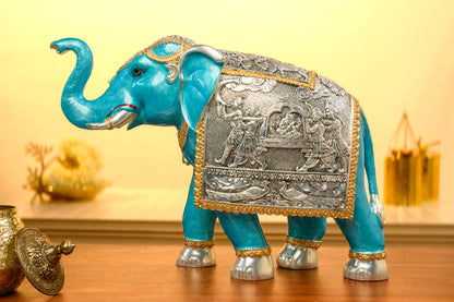 Blue Meena Elephant Idol with 999 Silver Engraved Blanket and Gold Crown