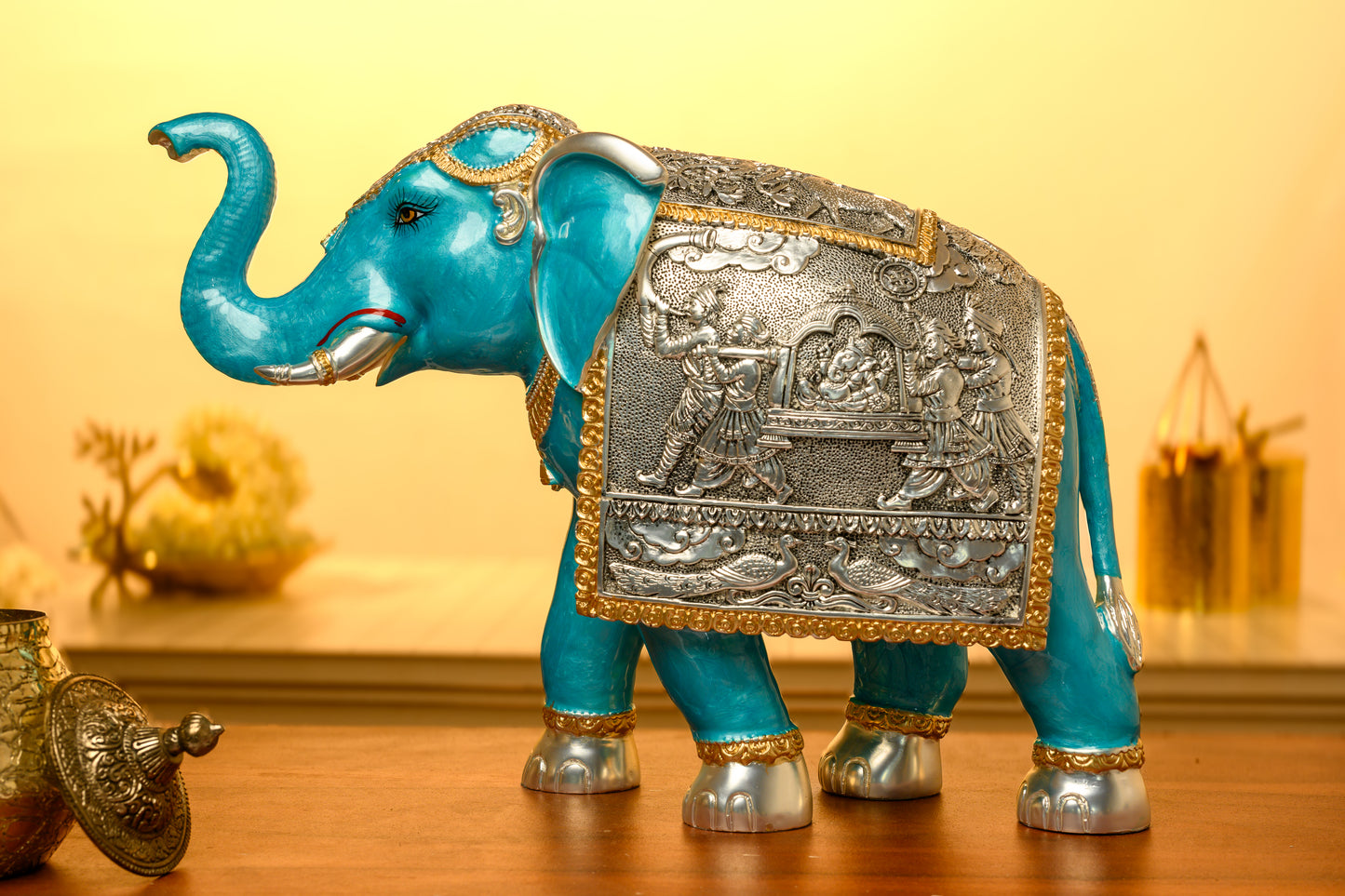 Blue Meena Elephant Idol with 999 Silver Blanket | Hand-Painted Royal Decor | Vastu & Entrance Display