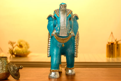 Blue Meena Elephant Idol with 999 Silver Blanket | Hand-Painted Royal Decor | Vastu & Entrance Display