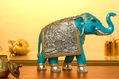 Blue Meena Elephant Idol with 999 Silver Blanket | Hand-Painted Royal Decor | Vastu & Entrance Display