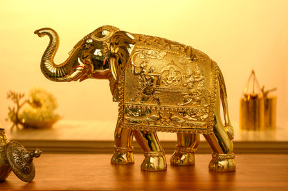 24K Gold Elephant Idol with Embossed Ganesha Palanquin and Crowned Decor