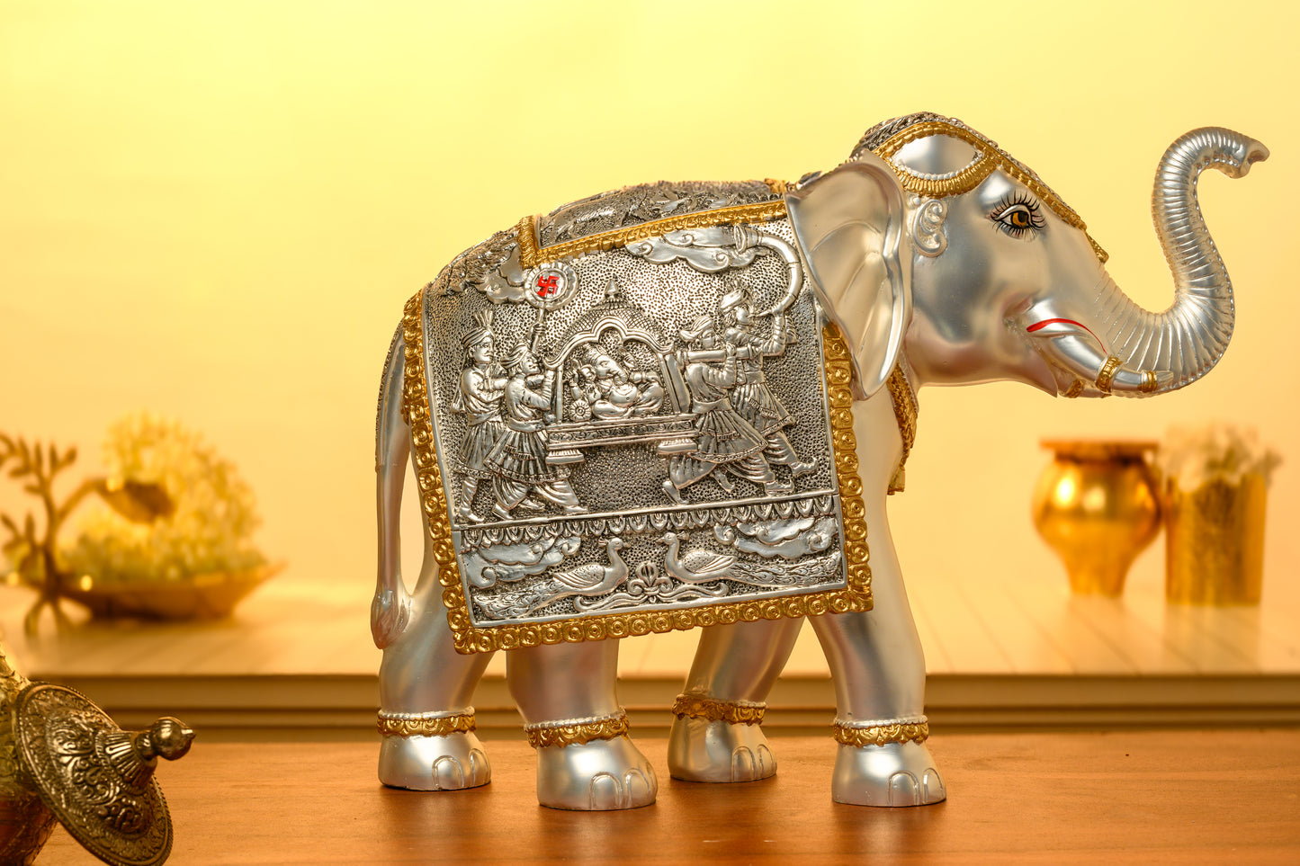 999 Silver Elephant Idol with Ram Darbar Carving | Temple Parade | Luxury Pooja & Gifting Decor