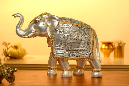 Silver Elephant Idol with 999 Silver Ram Darbar Carving and Peacock Motifs