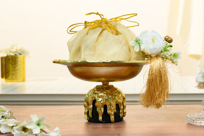 Black Metal Bowl with Peacock Carving, Potli & Flower Decor for Home Décor & Gifting