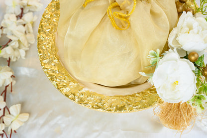 Black Metal Bowl with Peacock Carving, Potli & Flower Decor for Home Décor & Gifting