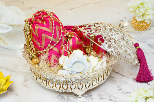 German Silver Bowl with Lid, 2 Potli & Diya Set for Home Décor & Gifting