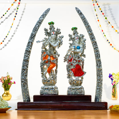 Royal Radha Krishna Idol with Silver Tusks | 999 Silver Plated | Grand Mandap Decor for Weddings & Pooja