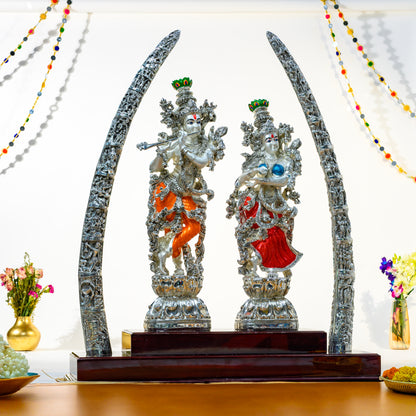 Royal Radha Krishna Idol with Silver Tusks | 999 Silver Plated | Grand Mandap Decor for Weddings & Pooja