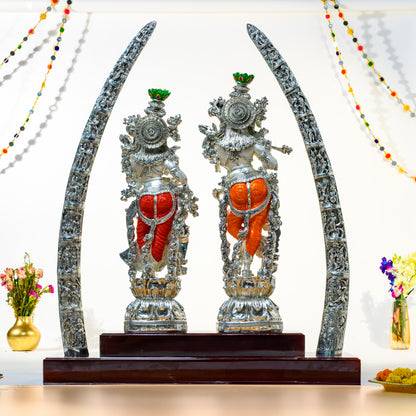 Royal Radha Krishna Idol with Silver Tusks | 999 Silver Plated | Grand Mandap Decor for Weddings & Pooja