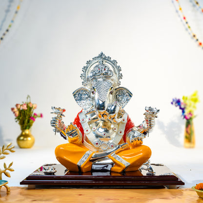 999 Silver Ganesha Idol with Orange Robe in Lotus Blessing Posture