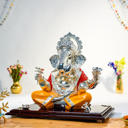 999 Silver Ganesha Idol with Orange Robe | Lotus Blessing Pose | Auspicious Gift for Home & Vastu