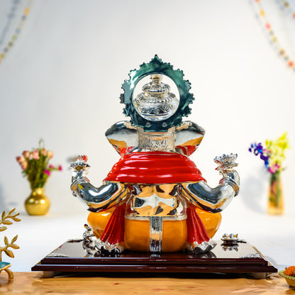999 Silver Ganesha Idol with Orange Robe | Lotus Blessing Pose | Auspicious Gift for Home & Vastu