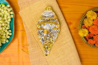 Ganesh Shankh in 24K Gold & 999 Silver | Embossed Conch for Pooja & Spiritual Decor