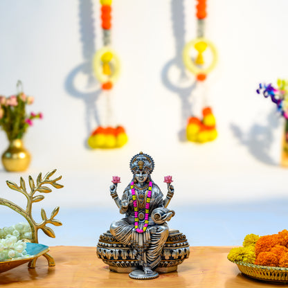 Antique Silver Lakshmi Idol with Pink Garland on Lotus Base – Diwali Gift
