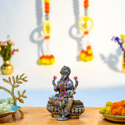 Antique Silver Lakshmi Idol with Pink Garland on Lotus Base – Diwali Gift
