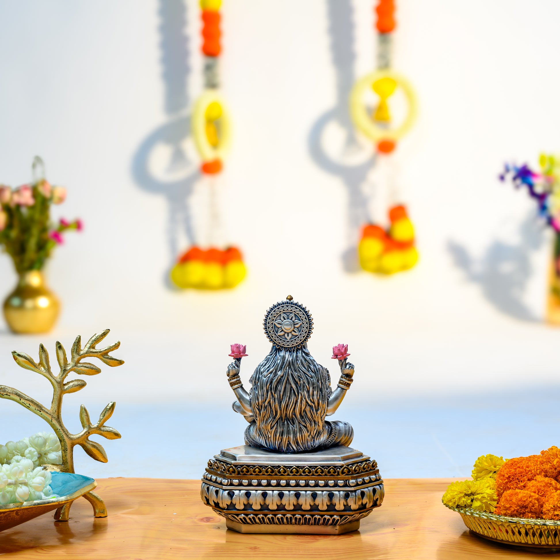 Antique Silver Lakshmi Idol with Pink Garland on Lotus Base – Diwali Gift
