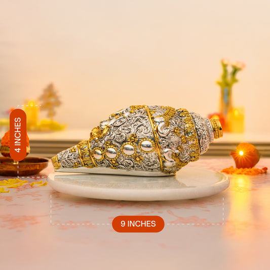 Ganesh Shankh in 24K Gold & 999 Silver | Embossed Conch for Pooja & Spiritual Decor