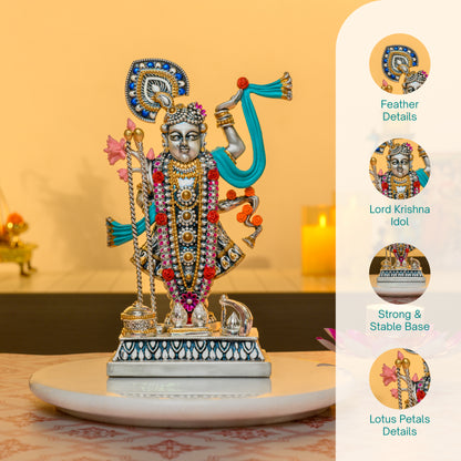 999 Silver Shrinathji Idol with Mor Mukut | Nathdwara Krishna Form for Pooja & Temple Decor