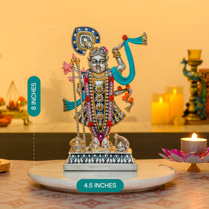 999 Silver Shrinathji Idol with Mor Mukut | Nathdwara Krishna Form for Pooja & Temple Decor