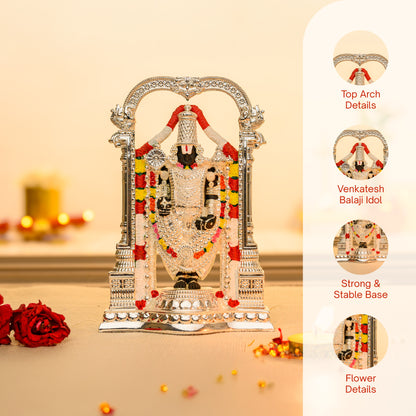 Tirupati Balaji Idol with Temple Arch | 999 Silver Plated Venkateshwara Murti | South Indian Pooja Decor