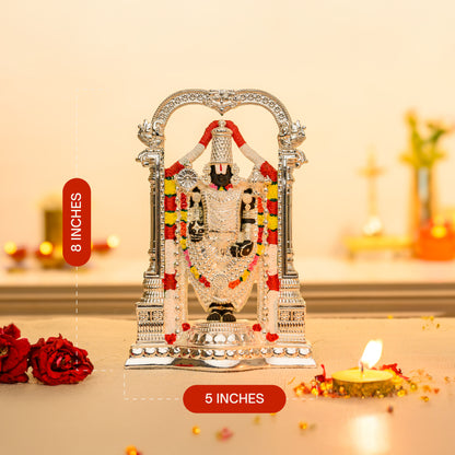 Tirupati Balaji Idol with Temple Arch | 999 Silver Plated Venkateshwara Murti | South Indian Pooja Decor