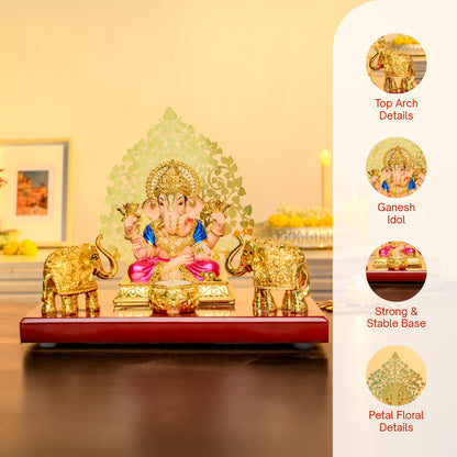 Ganesh Chowki Idol Set with Golden Elephants | 24K Gold Plated | Temple Backdrop for Pooja & Vastu Decor