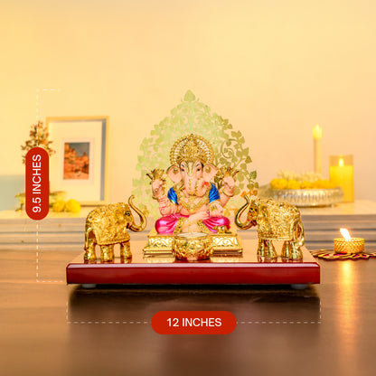 Ganesh Chowki Idol Set with Golden Elephants | 24K Gold Plated | Temple Backdrop for Pooja & Vastu Decor