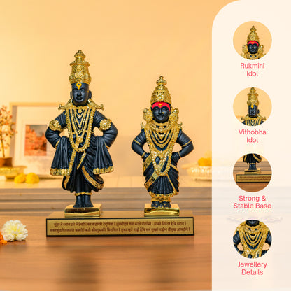 Vithoba Rukmini Idol Pair | Matte Black Finish with 24K Gold Accents | Pandharpur Bhakti Set with Shloka Base