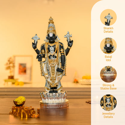 Balaji Standing Idol in 999 Silver & 24K Gold | Shankha Chakra Blessing Form on Lotus Base | Tirupati Venkateshwara Murti