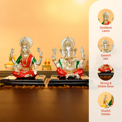 Lakshmi Ganesh Diwali Idol Set in 999 Silver & 24K Gold | Twin Festive Murtis on Wooden Base for Pooja & Gifting