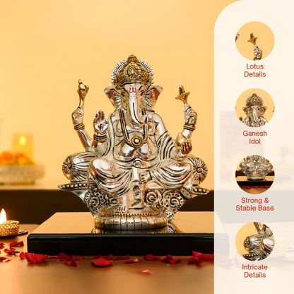 Ganesha on Throne Idol in 999 Silver & 24K Gold | Four-Armed Regal Form for Pooja & Prosperity Decor