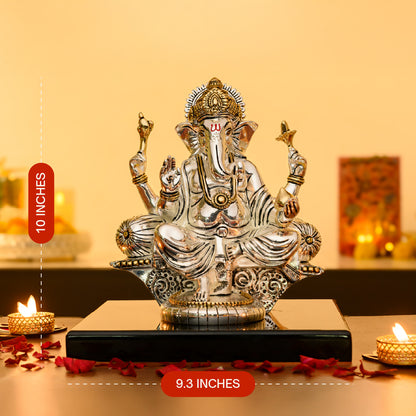 Ganesha on Throne Idol in 999 Silver & 24K Gold | Four-Armed Regal Form for Pooja & Prosperity Decor