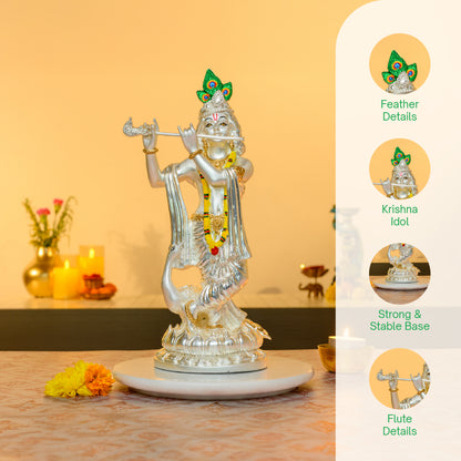 Krishna with Flute Idol in 999 Silver | Peacock Crown & Tribhanga Pose on Lotus Base | Divine Love Decor