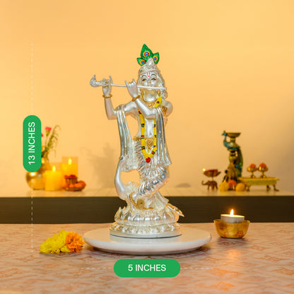 Krishna with Flute Idol in 999 Silver | Peacock Crown & Tribhanga Pose on Lotus Base | Divine Love Decor