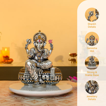 Antique Ganesha Idol in 999 Silver Plating | Lotus, Axe & Modak with Blessing Mudra | Vastu & Heritage Decor