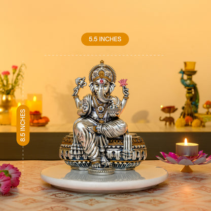 Antique Ganesha Idol in 999 Silver Plating | Lotus, Axe & Modak with Blessing Mudra | Vastu & Heritage Decor