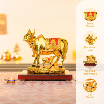 Kamdhenu Cow with Calf in 24K Gold Plating | Lakshmi Relief & Glossy Base for Pooja & Vastu Decor
