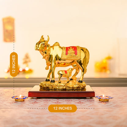 Kamdhenu Cow with Calf in 24K Gold Plating | Lakshmi Relief & Glossy Base for Pooja & Vastu Decor