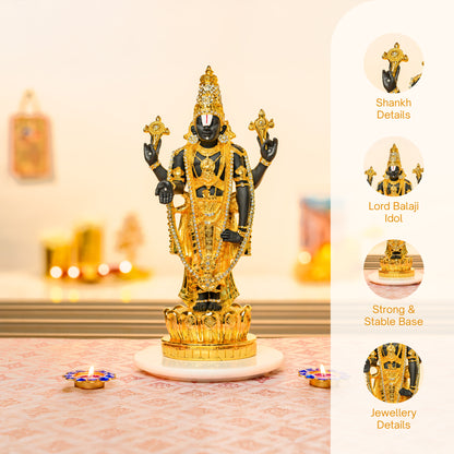 Lord Balaji Idol on Lotus Pedestal | 24K Gold & 999 Silver Matte Finish | Tirupati Venkateswara Decor