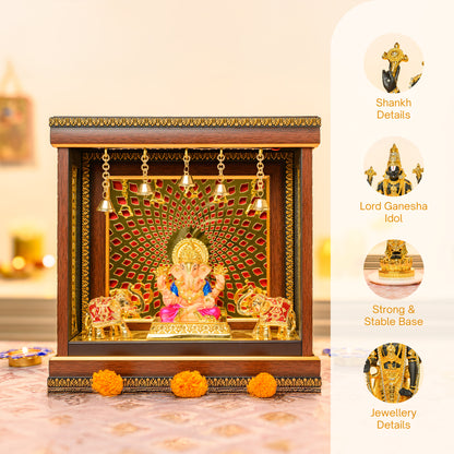 24K Gold Ganesha Idol under Temple Arch | Dual Elephant Decor for Vastu & Festive Gifting